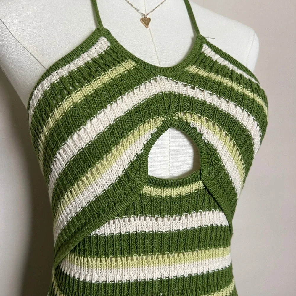 Sincerely Jules Green Striped Crochet Halter Midi Dress Keyhole Cutout Size M‎